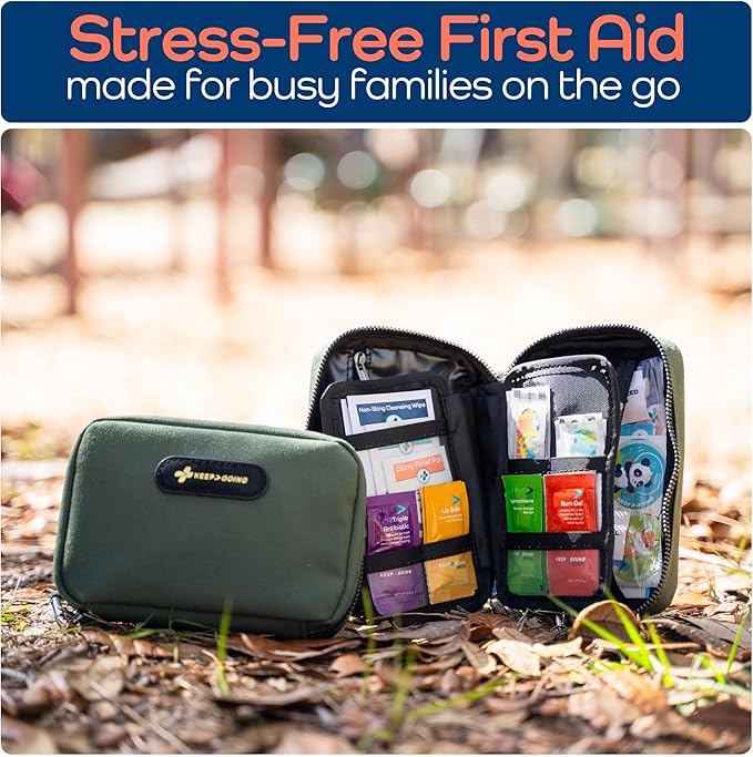 Keep Going Travel First Aid Kit for Kids – 130 Pc. for Car, Purse, Diaper Bag, Backpack, & Suitcase, with Latex-Free Bandages – 7 x 5 x 2 in. Travel First Aid Kit TSA-Approved