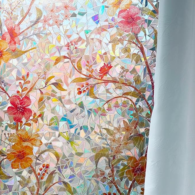 Stained Glass Window Film Static Cling Door Privacy Film Decorative Flowers Red Leaves Window Decals Stickers Heat Control Anti UV for Home and Office,23.6 inches by 118 inches