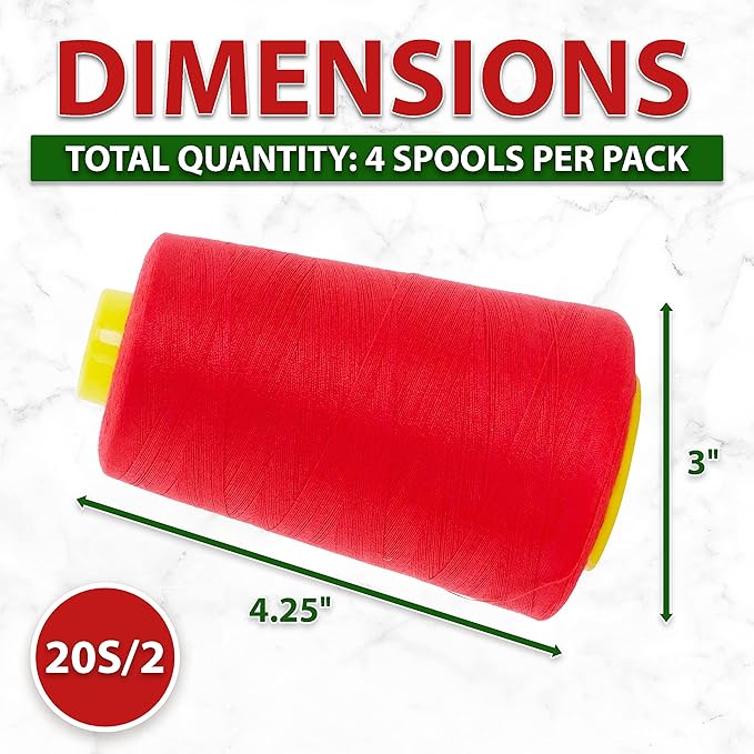 Mandala Crafts 4 Pack of Serger Threads Cones Spools - 20S/2 24000 Yards Polyester Red Threads for Sergers Machine and Overlock Quilting Sewing Machine
