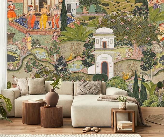 Indian Lush Jaipur Garden Wallpaper Mural Vibrant Green Wallpaper for Bedroom Living Room TV Sofa Background Large Art Wall Mural(Not Self-Adhesive)
