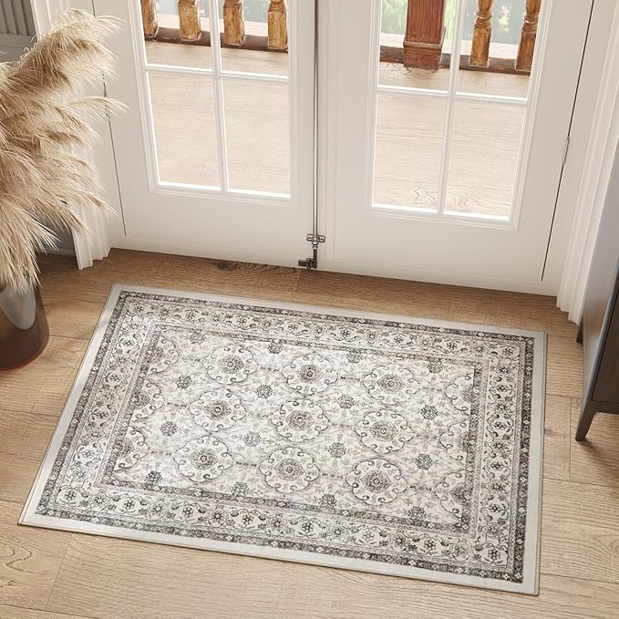 jinchan Floral 2x3 Rugs for Entryway - Machine Washable Beige Vintage Distressed Boho Design Soft Faux Wool Small Non-Slip Doormat for Entrance Kitchen Living Room Bedroom Farmhouse (2‘x3',Beige)