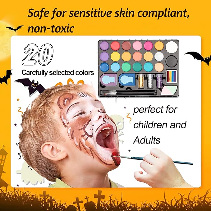 Maydear Face Painting Kit for Kids - 20 Colors Water Based Makeup Palette with Stencils, Glitters, Rainbow Split Cake, Hair Dye Clips, for Parties, Halloween, Safe Professional Body & Face Paint Kit