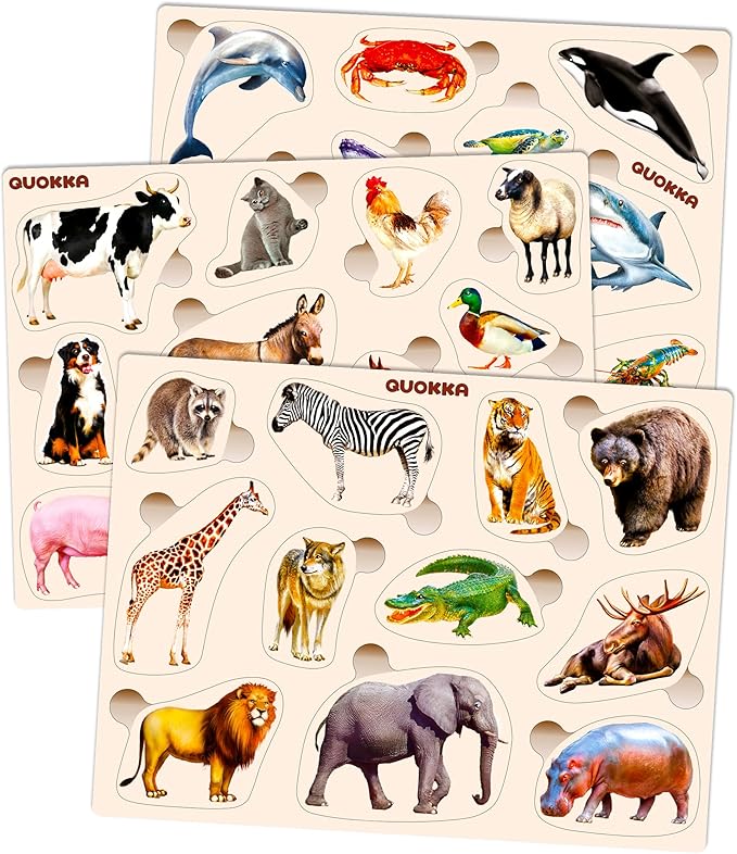 QUOKKA Wooden Puzzles for Toddlers 1-3 – 3xSET Toddler Puzzles Ages 2-4 – Montessori Animal Toy Puzzle for Toddlers 3-5 Year Old – Wood Toy Learning Realistic Animals for Boy and Girl