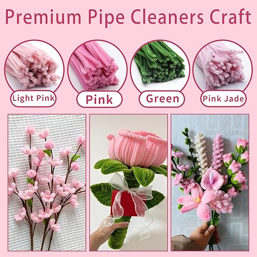 600 Pcs Pink Pipe Cleaners Craft for Flowers,Multiple Assorted Colors Pipe Cleaners Bulk, Chenille Stems for DlY Flower Making Kit.Pink Pipe Cleaners Craft Set(Pink)