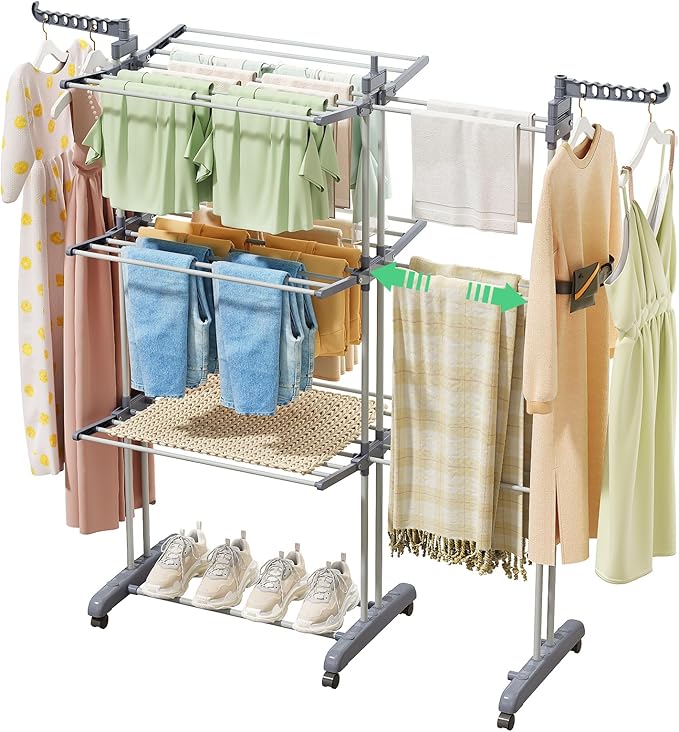 Kitstorack Clothes Drying Rack - Foldable Movable Clothes Rack Drying 30.0" W to 59.0" W Extensible Drying Rack Clothing Oversized 4-Tier Stainless Steel Large Clothes Rack Drying Indoor and Outdoor