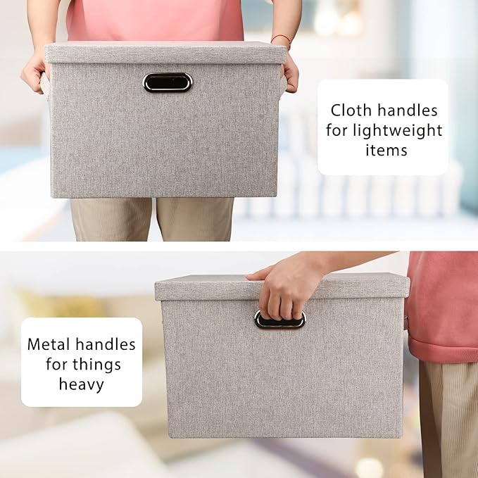 Large 17" 36 Quart Collapsible Stackable Storage Bins with Lids, 5 Packs Beige Linen Fabric Closet Boxes with Lids, Storage Cube Baskets Container Organizers for Bedroom Office(17 x12 x11)