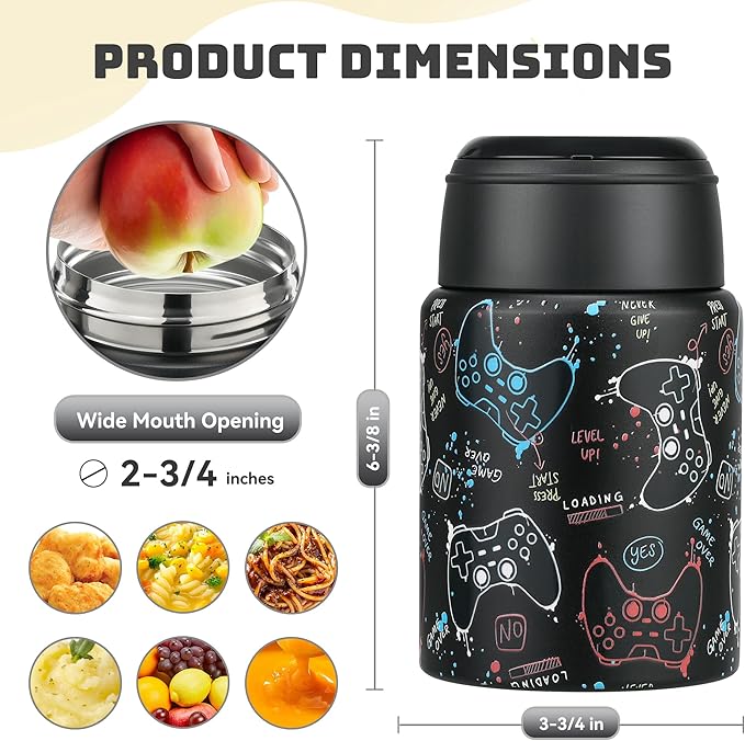 Soup Thermo for Hot Food Kids 16oz Insulated Food Jar Leakproof Thermo Lunch Container for Kids Wide-Mouth Stainless Steel Lunch Box for School with Handle Folding Spoon(3+)