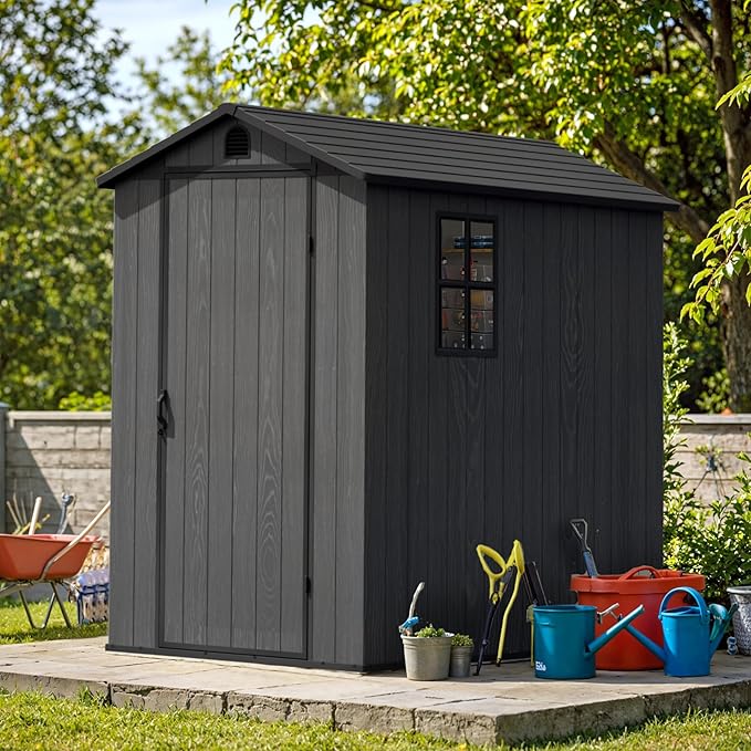 Greesum 4×6FT Plastic Outdoor Storage Shed with Floor, Resin Storaged Sheds with Lockable Door, Window & Vent, All-Weather Tool Sheds for Garden, Backyard, Patio, Dark Gray (One-Piece Panel)