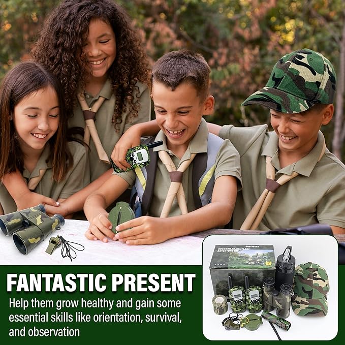 Outdoor Adventure Kit for Kids – Premium Camouflage Camping Gear with Walkie-Talkies – Military Style Toys – 10 in 1 Bundle – Ideal for All Ages and Genders