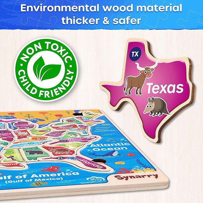 SYNARRY Large USA Wooden Puzzles for Kids Ages 3-5, Learning United States Map Puzles for Kids Ages 4-6, Wood Jigsaw Puzzles Educational Games Toys Gifts for Boys Girls Ages 3-8