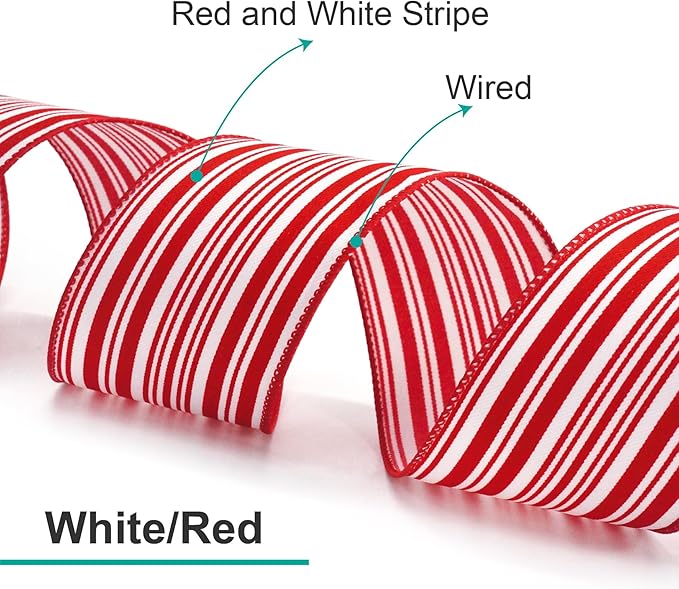 CT CRAFT LLC Red and White Stripe Wired Ribbon – 2.5" Wide x 10 Yards Long Decorative Fabric Ribbon for Crafts, Gift Wrapping, and Holiday Décor