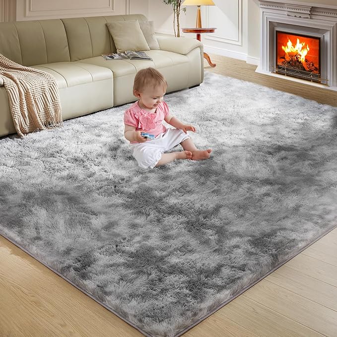 Ultra Soft Rug for Living Room, 3X5 Fluffy Shag Area Rug for Bedroom, Modern Shaggy Carpets Fuzzy Rug for Teens Dorm Nursery Home Decor Aesthetic, Upgrade Anti-Skid Durable, Tie-Dyed Light Grey