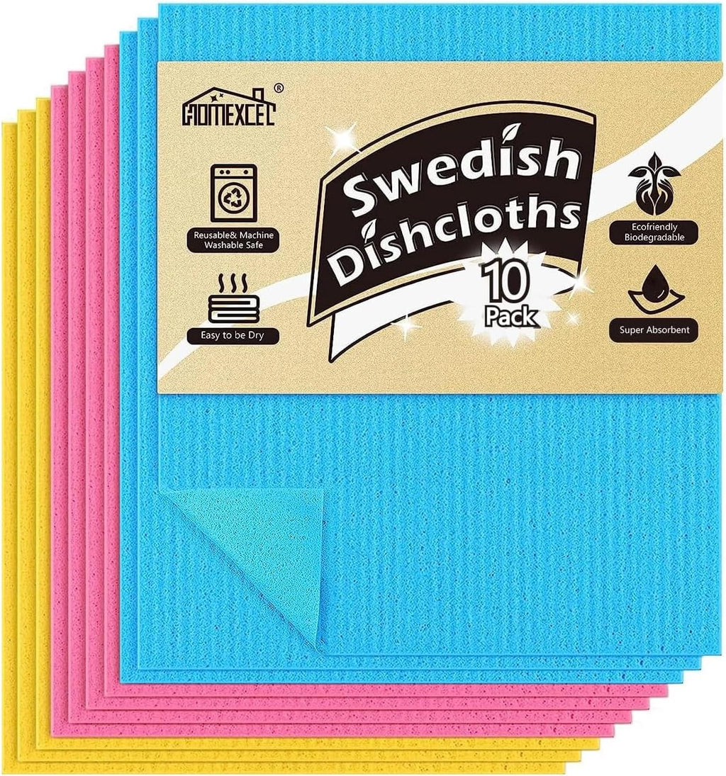 HOMEXCEL Swedish Dishcloths for Kitchen 10 Pack, Sponge Dish Cloth for Counters & Washing Dishes, Reusable and Absorbent Paper Towels, 3 Colors Assorted