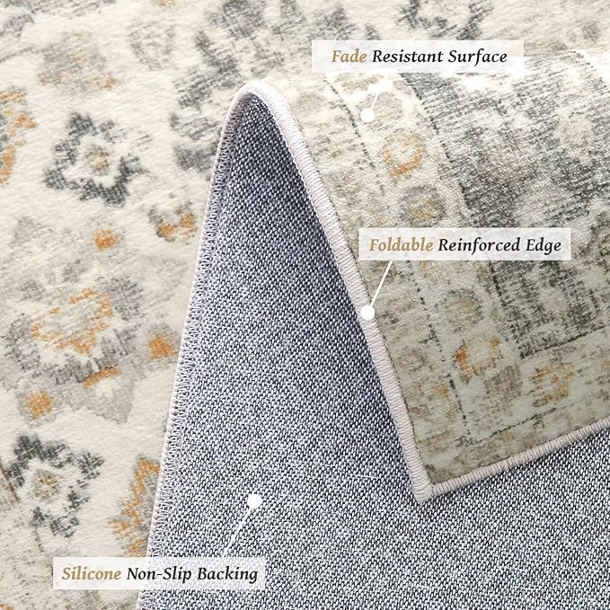 Washable 3x5 Entryway Rug Indoor, Boho Non-Slip Silicone Backing Small Rugs for Kitchen Nursery Office Bedroom, 0.3" Neutral Oriental Throw Carpet with 0.16" Cushioning Pad, Grey/Multi