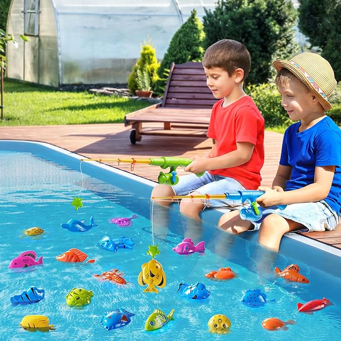Magnetic Fishing Game Pool Toys for Kids 3-5, Water Table Bathtub Kiddie Party Toy with Pole Rod Net Plastic Floating Fish, Outdoor Toys for Kids Age 3 4 5 6 7 8 Year Old