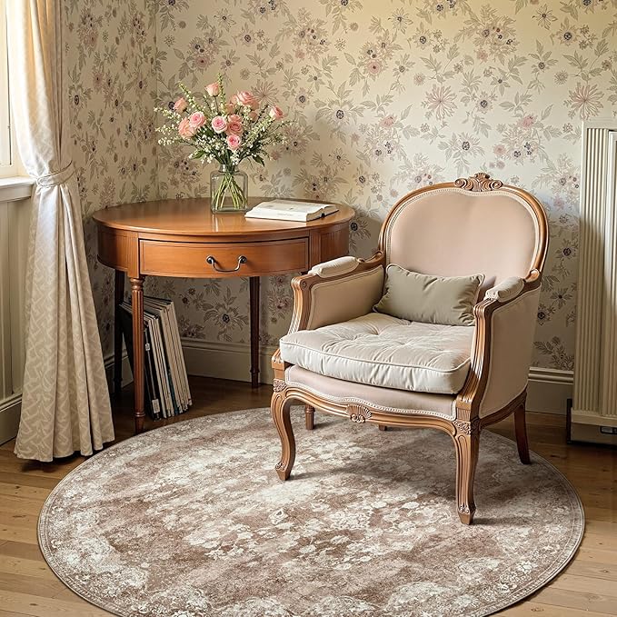 jinchan Round Rug 5ft Area Rug - Brown Vintage Floor Mat Kitchen Indoor - Washable Circle 5' Thin Floral Print Carpet Retro Farmhouse Non Slip Dining Room Living Room Bedroom Office