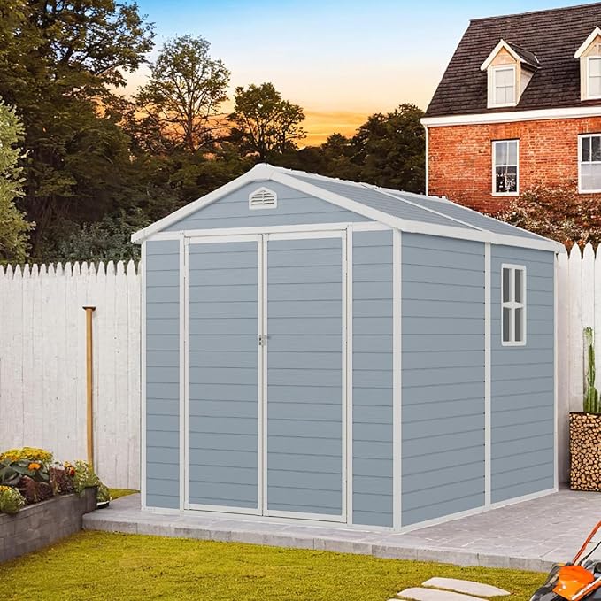 Outdoor Storage Shed, 8X6 FT Resin Shed with Floor and Lockable Doors, 260 CU.FT Waterproof Patio Storage Cabinet, Plastic Construction for Outdoor Storage