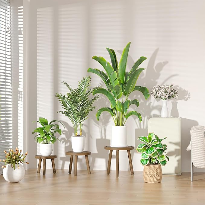 3-Pack Wood Plant Stands Indoor, Single Plant Stand for 6-12 Inch Pots, Mid-Century Modern Plant Stool, Tall Plant Stand for Large Plants for Living Room, Balcony, Office (Dark Gray)