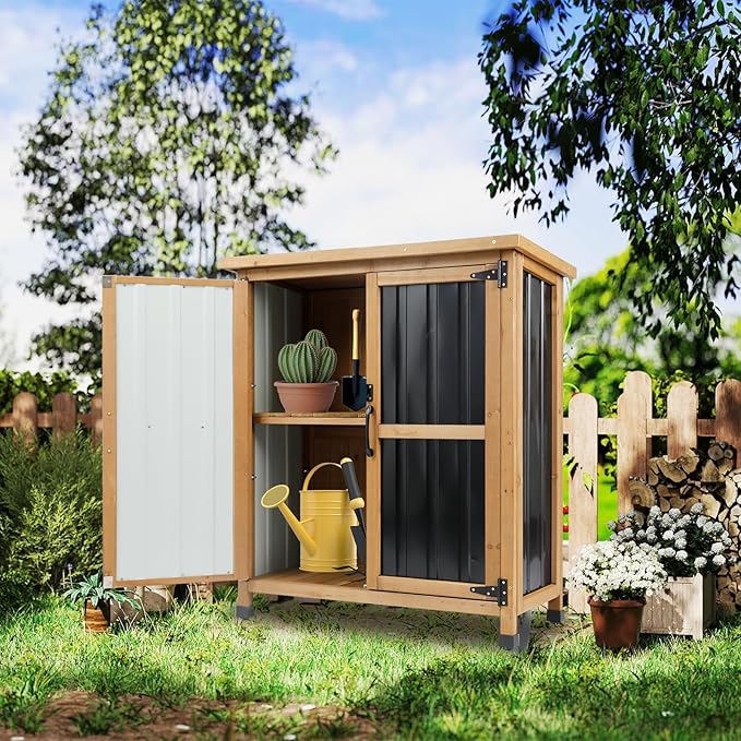 Outdoor Storage Cabinet, Wood & Metal Small Storage Shed with Weather-Resistant Asphalt Roof, Double Lockable Doors & Removable Shelves for Porch, Patio, Garden, Backyard, 32" x 13" x 40"