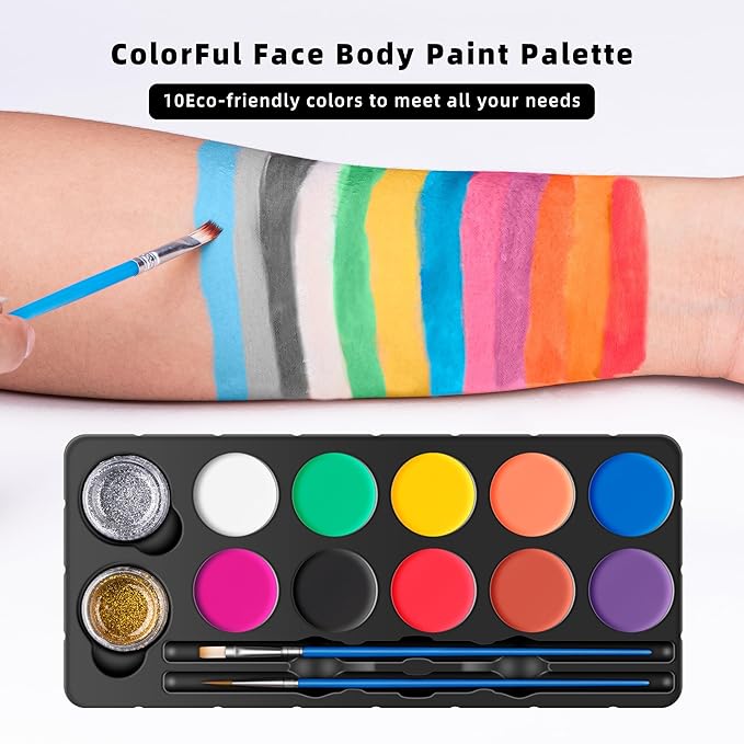 Maydear Face Painting Kit for Kids with 12 Colors Safe and Non-Toxic Large Water Based Face Body Paint, Professional Face Paint Kit - 10 Matte+2 Glitter