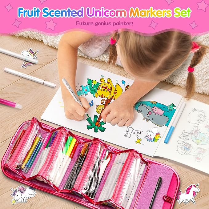 beefunni Unicorn Washable Markers Set 48 pcs with Glitte Pencil Case, Art Supplies for Kids Ages 4-6-8, Arts Crafts Coloring Set with Stickers - Birthday Gifts for Girls 4 5 6 7 8 9 Year Old