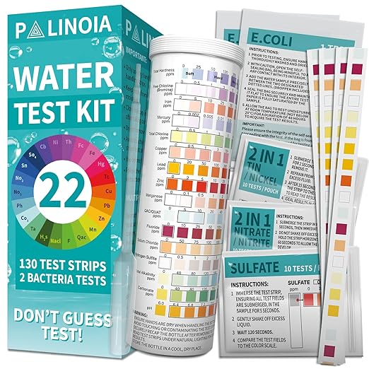 22 in 1 Drinking Water Test Kit 130 Strips - Well, Tap, Home, Swimming Pool, Hot Tub Testing Strip for Flouride, Lead, Hardness, Chlorine, Iron, Copper & More
