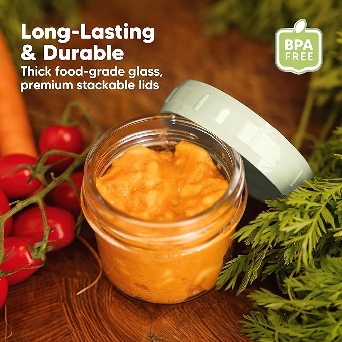 KeaBabies 6pk 4oz Glass Baby Food Containers with Lids - Leak-Proof, Microwavable Small Glass Jars, Baby Purees & Toddler Snack Storage Containers, BPA-Free, Dishwasher & Freezer Safe (Sage)