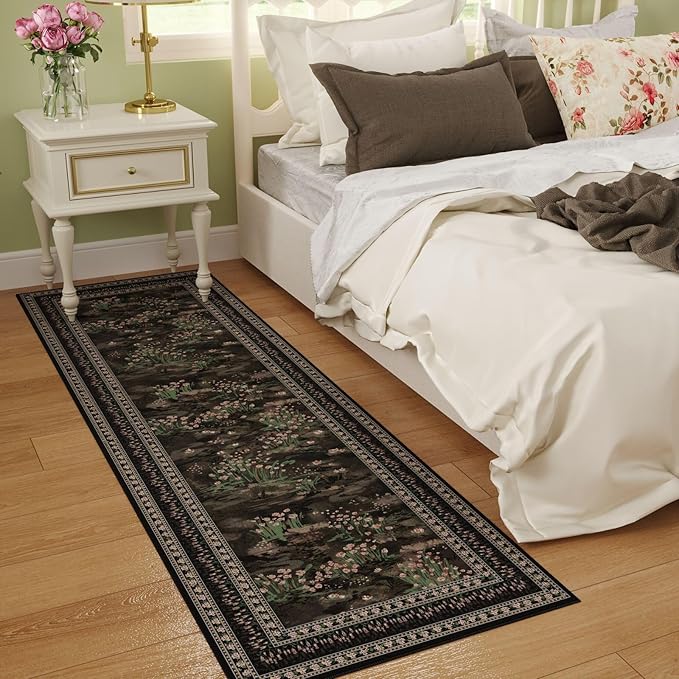 2x6 Runner Rug Impressionist-Style Vintage Kitchen Rugs Non Slip Washable Soft Carpet Runner for Kitchen Laundry Bedroom Bathroom, Black
