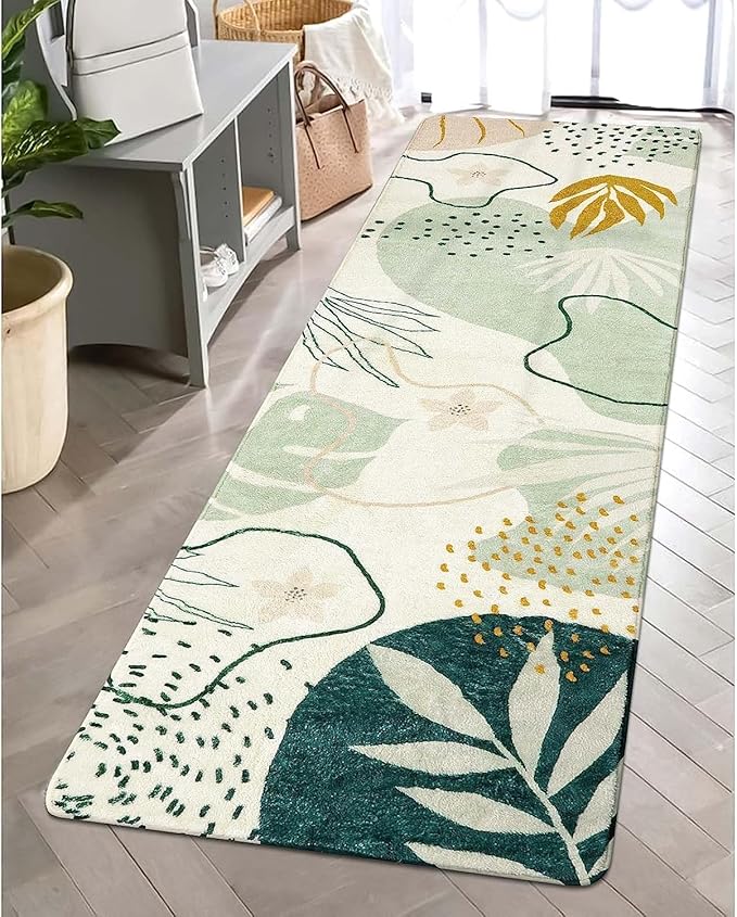 Lahome Green Hallway Runner - 2x6 Washable Kitchen Rug Boho Non-Slip Low-Pile Laundry Room Rug Soft Bathroom Runner Botanical Print Throw Carpet for Entrance Bedroom Living Room