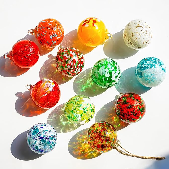 Set of 12 Hand Blown Glass Ornaments Hanging Gazing Balls Witches Balls, Outdoor Patio Garden Decor