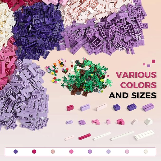 1800Pcs Building Bricks, Classic Bulk Small Blocks, Classic Building Bricks Set Basic Building Blocks(Pink Purple White)