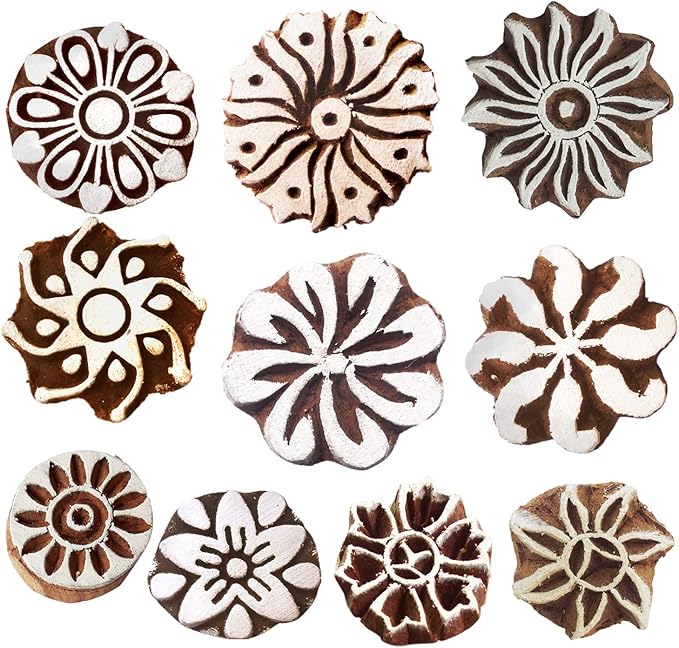 Royal Kraft Round Wooden Printing Stamps (Set of 10) - DIY Henna Fabric Textile Paper Clay Pottery Blocks Htag2163