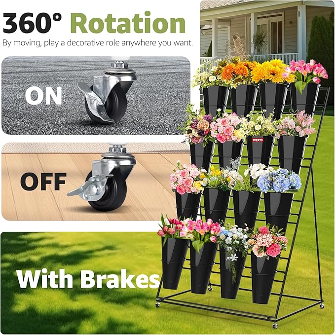 Flower Display Stand 4 Layers with 16 PCS Round Buckets, Plant Stand with Wheels, Movable Metal Plant Stand for Terrace Garden, Florist Shop