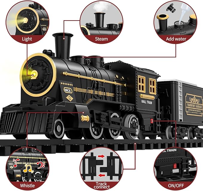 TEMI Steam Train Toy Set for Boys 3 4 5 6 7 Years, with Sounds & Light, Electric Classical Engine Locomotive for Kids, Rechargeable Model Train Kit for Christmas Tree, Cargo Car Railway Tracks