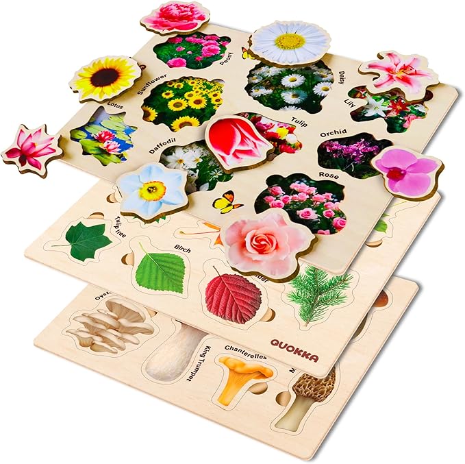 QUOKKA Wooden Puzzles for Toddlers 2-4 – 3X Set Montessori Toys Puzzles for Kids Ages 3-5 – Wood Educational Baby Game 12-18 Months – Gift Learning Mushrooms Flowers Leaves for Boy & Girl 3-5