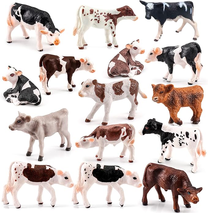 LC JoyCre Cows Figure Toys 15PCS Calves Figurines Set for Toddlers Realistic Holstein Cow Figures for Kids Simmental Cows Swiss Calf Highland Calf Figurine Birthday Cake Topper