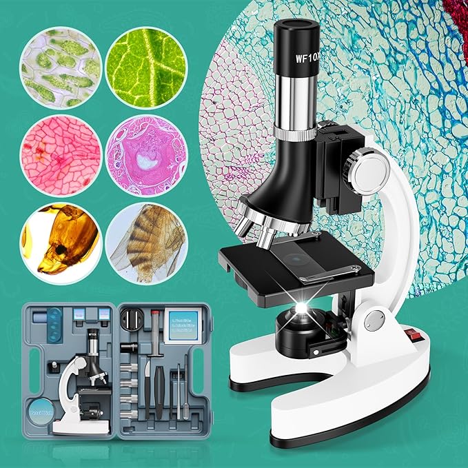 2400X Kids Microscope Science Kit - Handheld Microscope for Kids with Prepared Slides Metal Body LED Light Carrying Box Educational Compound Toy Set for Children Ages 8-12 5 Year Old Boys & Girls Gift