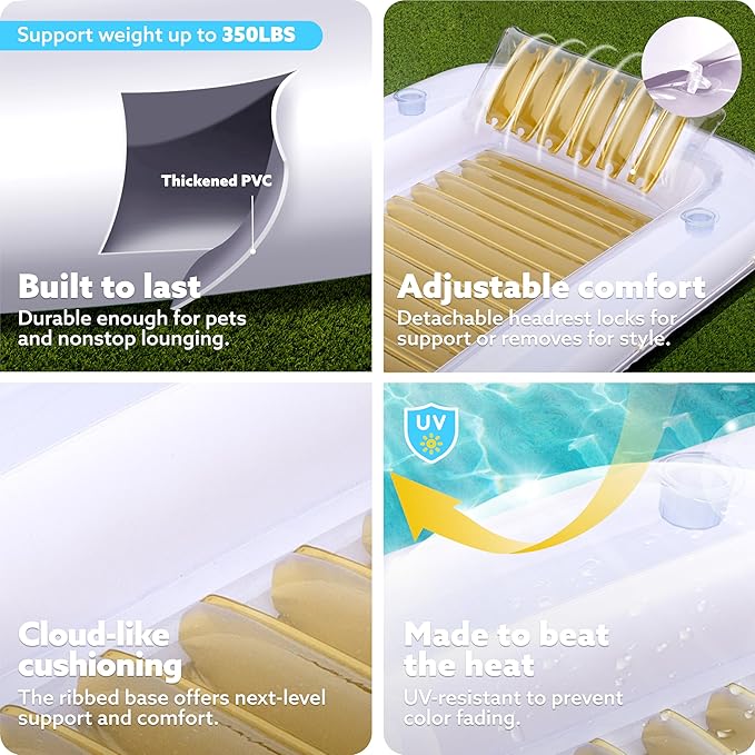SLOOSH Inflatable Tanning Pool Lounger Float, 85" x 57" Extra Large Pool Floats Adult with Pillow, 4 in 1 Suntan Tub Raft Floatie,Sunbathing Bed Lounge for Water Blow Up Ball Pit, XL-Golden White