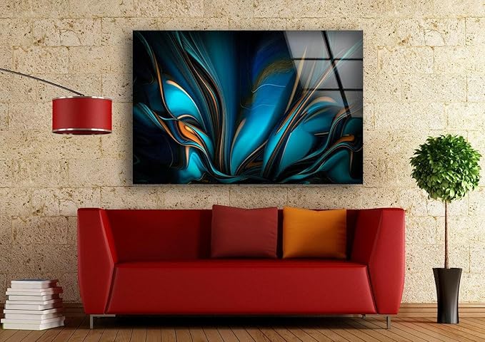 My Photostation.com 30Wx24H'' Orange & Blue Abstract Glass Wall ArtTempered Glass Printing Wall Decor Large Wall Art Wall Hangings