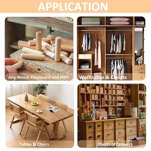 5/16-Inch Wooden Dowel Pins - 200 Pcs 5/16 x 1-1/4 inch Fluted Wood Dowels Rods,Hardwood Crafts Dowel Pegs,Beechwood