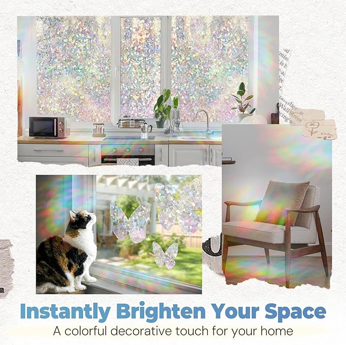 DOWELL Window Privacy Film Rainbow Film, Stained Glass Decorative Sticker, Static Cling Non-Adhesive Glass Clings, Sun Blocking Heat Control Window Coverings for Home Door, 23.6" x 157.4"