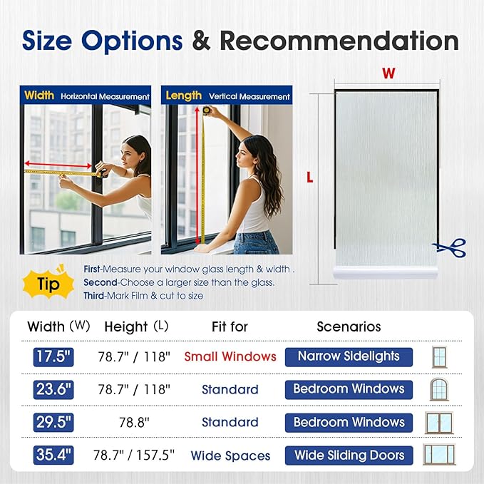 Borsky Frosted Glass Window Film - Static Cling, 96% UV Blocking Non-Adhesive Privacy Window Film, Removable Window Cling with Day & Night Privacy for Bathroom Home Office, 17.5 x 157.4 Inches, Pure