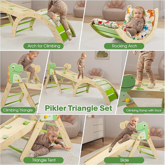 Pikler Triangle Set with Cushion, 7 in 1 Toddler Climbing Toys Indoor, Montessori Foldable Set, Wooden Climbing Toys for Toddlers Inside with Ramp, Arch and Ladder (Dinosaur)