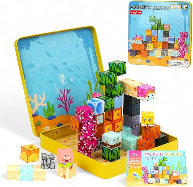 49PCS Mini Magnetic Blocks Ocean Theme – Sea Life STEM Building Cubes, Educational Magnet Toy with Iron Box, Creative & Safe Travel Gift for Kids Ages 3–8, Boys & Girls