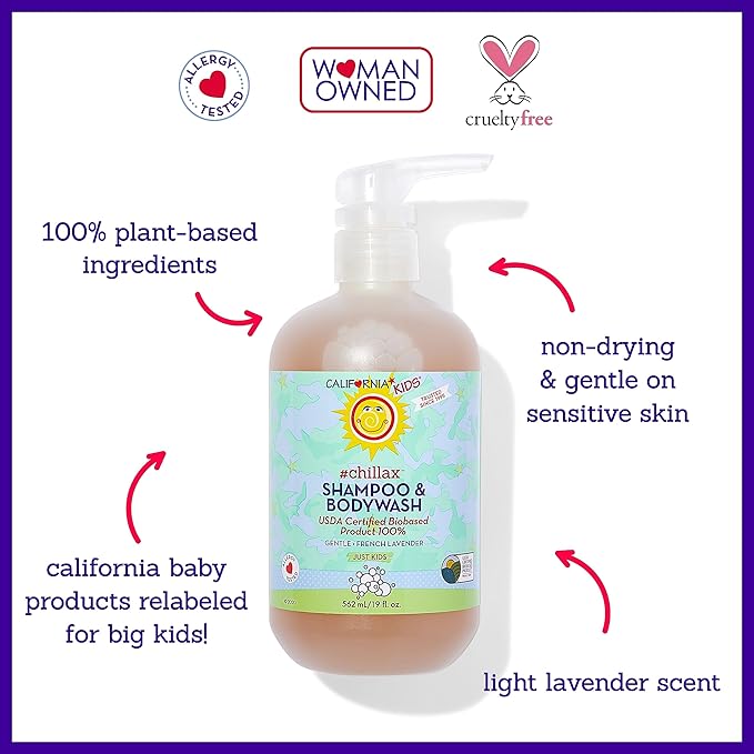 California Kids Chillax Shampoo and Bodywash | 100% Plant-Based | Gentle Skincare | Lavender Shampoo for Kids + Teens | Hypoallergenic Bodywash | 562 mL / 19 oz.