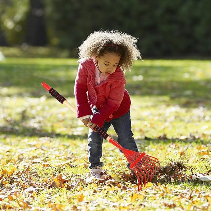 2 Pack Kids Rakes for Leaves, 28" Small Metal Toddler Rakes Garden Lawn Rake with Hardwood Handle and Soft Grip, Lightweight Child Size Yard Leaf Rake Kid Gardening Tools Set for Boys and Girls