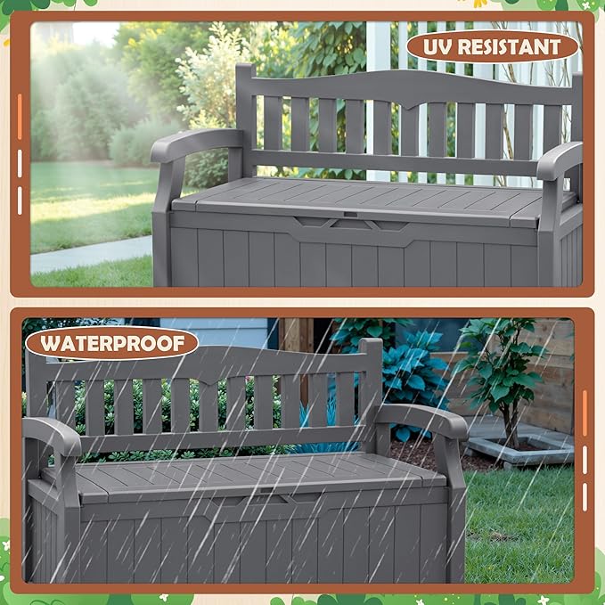 JUMMICO 80 Gallon Resin Outdoor Storage Bench, Large Deck Box with Armrest, Lockable & Waterproof for Garden, Home, Patio, Pools (Grey)
