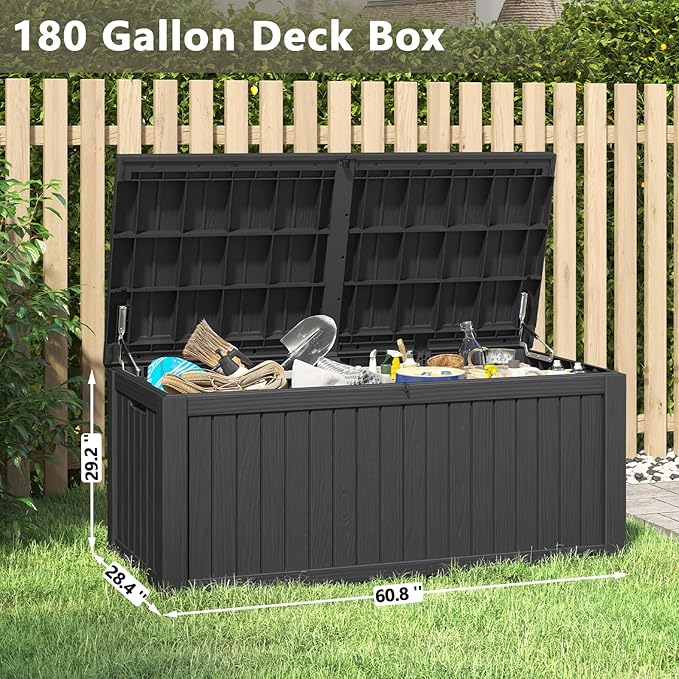 Outdoor Storage Box, 180 Gallon Deck Box, Waterproof and UV Resistant Large Resin Storage Bin, Organization and Storage for Patio Furniture, Outdoor Cushions, Garden Tools, Lockable