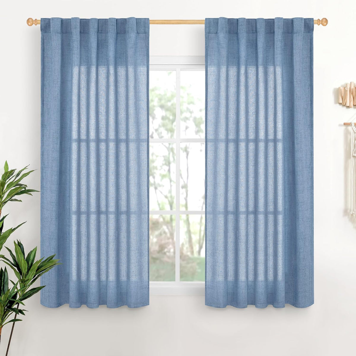 YoungsTex Denim Blue Linen Curtains 54 Inch Length for Short Windows, Semi Sheer Drapes Light Filtering with Rod Pocket Back Tab for Living Room Kitchen Bathroom, 2 Panels, 42 X 54 Inch