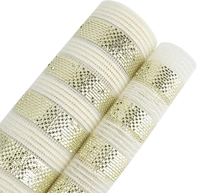 MEEDEE Cream Cotton & Deluxe Metallic Champagne Striped Deco Mesh - 30 Feet for Christmas Tree, Wreaths, Garland, Gift Wrapping, Bows Making